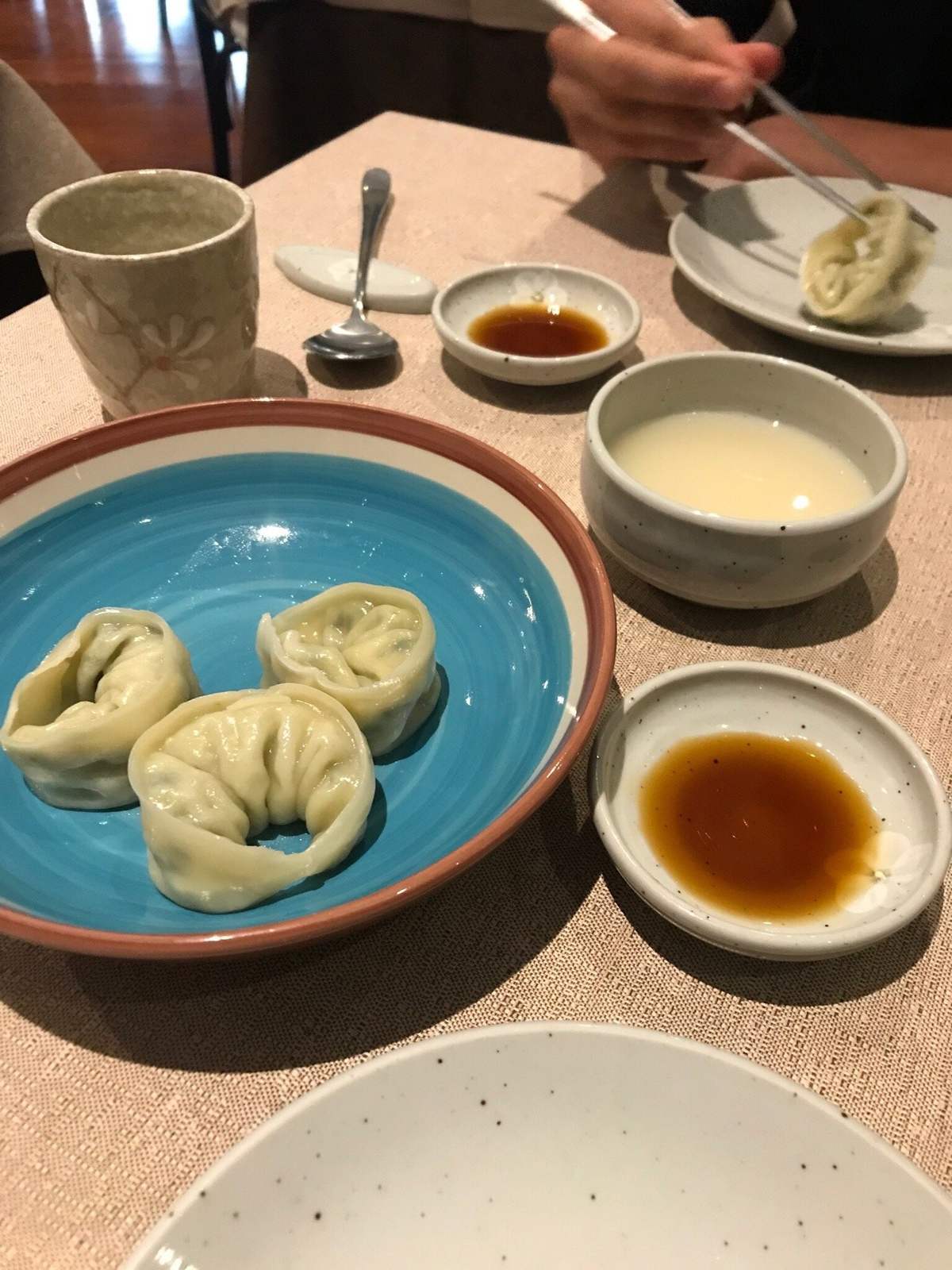 Mandu al vapore nella ciotola turchese con salsa di soia